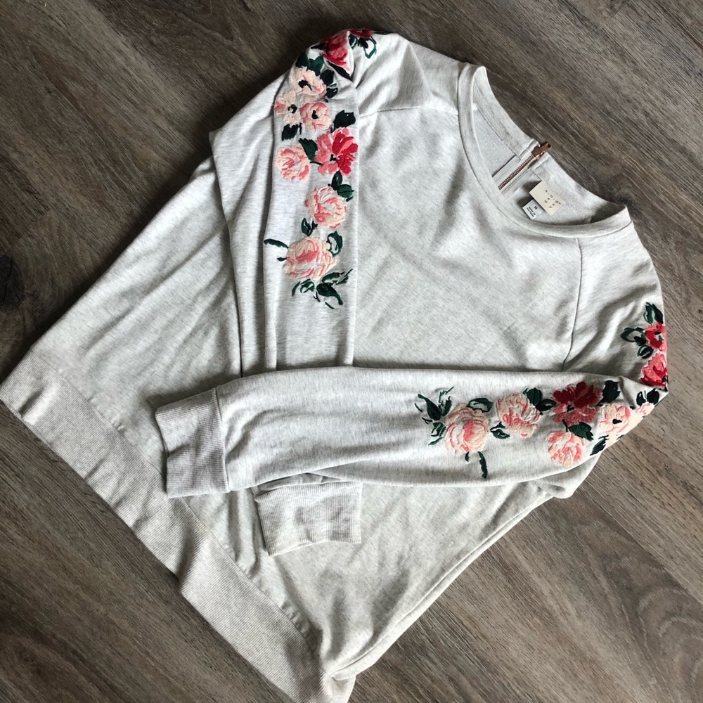 a new day Cream Sweatshirt with Pink Floral Embroidery